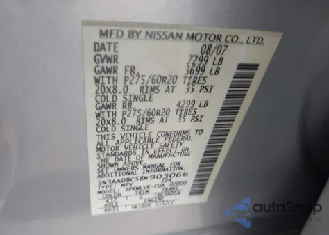 2008 Infiniti Qx56 z USA, uszkodzony, nr VIN 5N3AA08C58N903066